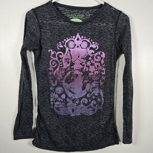 Earth Yoga Long Sleeve Burn Out Shirt Black and Purple Scoop Neck Size Small